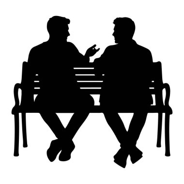 A black silhouette of two men sitting on a bench facing each other. One man is gesturing with his hand as if speaking. Their legs are crossed. The bench has a simple design with horizontal slats. The background is white.