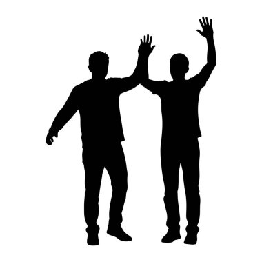 A black silhouette of two men standing and giving each other a high five. Both men have their arms raised and hands extended to meet in the middle. They are depicted against a plain white background.
