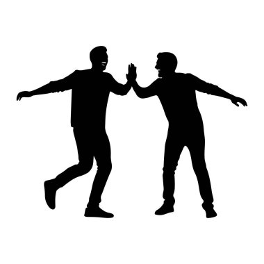 Two black silhouettes of men are captured in a dynamic moment of celebration. They are facing each other, with their arms raised and palms meeting in a high five. Both figures appear to be in motion, with one leg extended and arms spread wide, convey