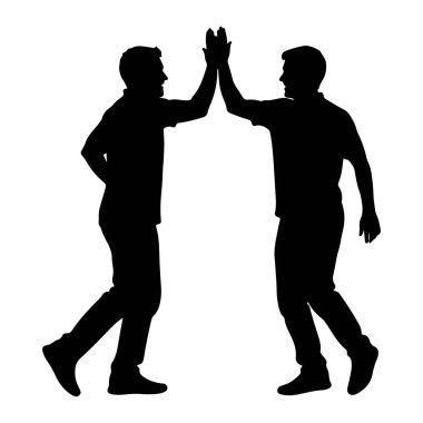 A black silhouette of two men facing each other and giving a high five. They are both wearing casual clothing, with one man's left hand on his hip and the other's right arm bent. Their bodies are angled slightly, suggesting movement and interaction. 