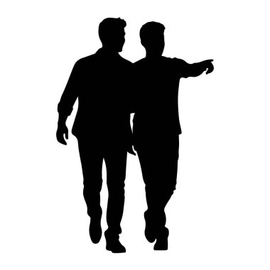 A black silhouette of two men walking side by side. The man on the right is pointing his right arm forward, indicating a direction. Both men are wearing casual clothing. The background is white.