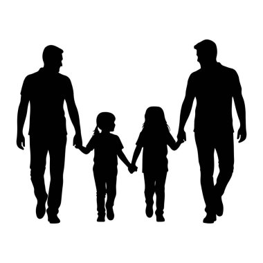 A black silhouette depicts two men walking hand-in-hand with two young girls. The figures are shown from the waist down, with the men on the outside and the girls in the middle, all walking together. The scene is simple and lacks any background detai