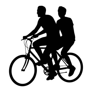 A black silhouette depicts two individuals riding a tandem bicycle. The person in front is steering, while the person behind is pedaling. The bicycle has two wheels, a frame, handlebars, and pedals, all rendered in solid black against a white backgro