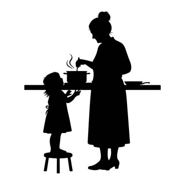 A black silhouette depicts a woman and a child in a kitchen setting. The woman stands tall, wearing a long dress and her hair in a bun, stirring a pot on a stove that emits steam. A young child, wearing an apron and standing on a stool, reaches towar