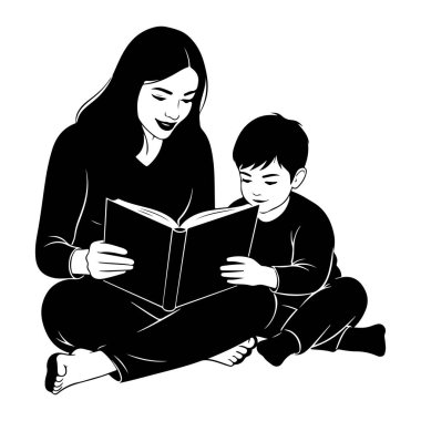 A black and white illustration depicts a woman and a young child sitting together on the floor, engrossed in reading a book. The woman, with long dark hair, is on the left, holding the open book. The child, to her right, leans in, also focused on the