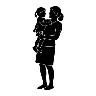 A black silhouette of a woman holding a young child in her arms. They are facing each other and appear to be looking into each other's eyes. The woman has her hair pulled back, and the child has pigtails. Both are depicted in a simple, graphic style 