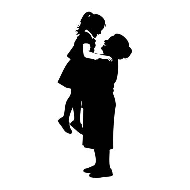 A black silhouette of a woman holding a young girl in her arms. The girl is looking down at the woman with a smile, and the woman is looking up at the girl. The background is pure white.