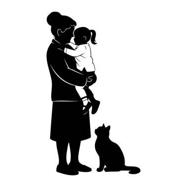 A black silhouette depicts a woman holding a young child in her arms. The child has pigtails and is facing the woman. To the right of the woman, a cat sits on the ground, looking up at them. The figures are isolated against a white background.