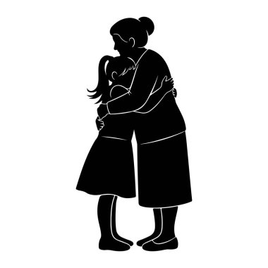 A black silhouette of a woman with her hair in a bun is embracing a child. The child has their arms wrapped around the woman's neck, and the woman's arms are around the child's back. Both figures are depicted from the waist down, with their faces tur
