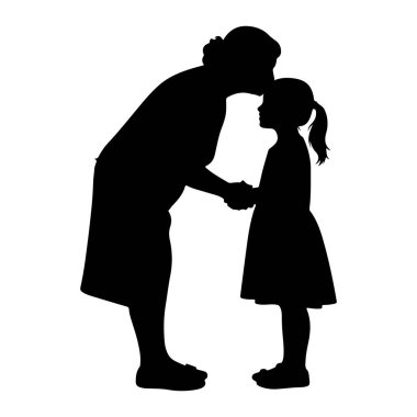 A black silhouette of a woman kissing the forehead of a child. The woman is holding the child's hand. The child has a ponytail. Both figures are standing.