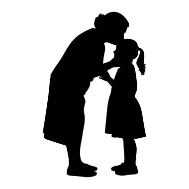 A black silhouette depicts a woman leaning down to kiss the forehead of a child. The woman has her hair pulled back, and the child has a ponytail. Their figures are shown from the neck down, with the woman's hand gently touching the child's head. The