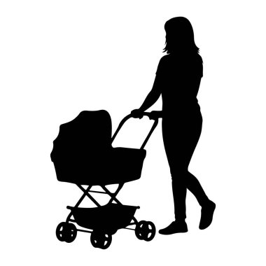 A black silhouette of a woman pushing a baby carriage. The woman is depicted from the side, with her hair falling to her shoulders. She is wearing a t-shirt and pants. The baby carriage has a rounded canopy and four wheels. The image is isolated on a