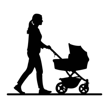A black silhouette of a woman walking and pushing a baby stroller. The woman is depicted from the side, with her hair pulled back in a ponytail. She is wearing pants and a top. The stroller has a canopy and wheels. The entire image is a solid black s