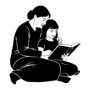A black and white illustration depicts a woman and a child sitting together, engrossed in reading a book. The woman is seated behind the child, with her arm around the child's shoulder, and both are looking down at the open book. The style is a simpl