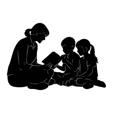 A black silhouette of a woman sitting and reading a book to two children who are sitting in front of her. The woman is on the left, and the children are to her right. The children are looking at the book. The background is white.