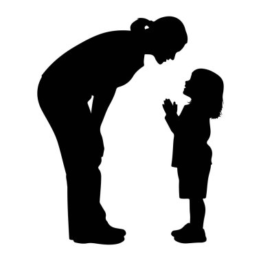 A black silhouette of a woman bending down to talk to a child who is standing and looking up. The woman has her hair pulled back and is wearing pants. The child is wearing shorts and a shirt. Their hands are positioned as if in conversation or prayer
