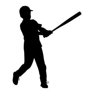 Beyazların arka planında sallanan genç bir beyzbol oyuncusunun siyah silueti. Oyuncu bir şapka ve üniforma giyiyor, iki eliyle bir beyzbol sopası tutuyor ve sanki topa vurmak üzereymiş gibi dinamik bir şekilde konumlandırılıyor. Görüntü klimayı yakalıyor.