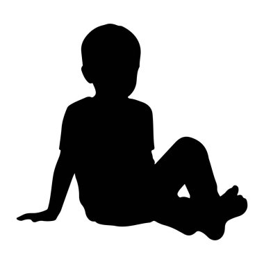 Beyaz bir arka planda oturan siyah bir çocuk silueti. Çocuk bir tişört ve pantolon giyiyor, bacakları bükülmüş ve ayakları görünür durumda. Silüet tamamen siyah, hiçbir iç detay yok, temiz ve basit bir grafik oluşturuyor.
