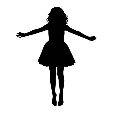 Kolları açık duran genç bir kızın siyah silueti. O, belinde parlayan bir elbise giyiyor. Saçları gevşek dalgalarla şekillenmiş. Siluet beyaz bir arkaplanda izole edilmiş..