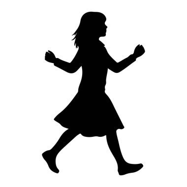 Profilde genç bir kızın siyah bir silueti. Koşarken ya da atlarken orta basamakta yakalanmış. Kolları kalkık ve bükük, saçları arkasından akıyor. Siluet, düz beyaz bir arkaplan üzerinde durarak, şekil ve hareketi vurguluyor.