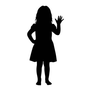 Sağ eliyle ayakta duran ve el sallayan siyah bir kız silueti. O bir elbise giyiyor ve uzun saçları var. Siluet beyaz bir arkaplanda izole edilmiş..