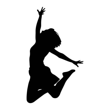 Bir kişinin siyah silueti, dinamik bir atlama pozuyla beyaz arka planda görüntülenir. Şeklin kolları yukarı ve dışa doğru uzanmış, bir bacağı bükülmüş, diğeri ise uzamış, bir neşe ve coşku hissi yayıyor.