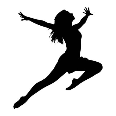 Beyaz bir arkaplanda orta sıçrayışta yakalanan siyah bir dansçı silueti. Kolları açık ve vücudu dinamik bir pozisyonda kavis almış. Saçları arkasından akıyor ve kısa bir etek giyiyor. Görüntü bir enerji hissi yayıyor, Grac.