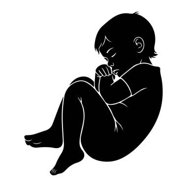 Bir bebeğin siyah silueti kıvrılmış, cenin pozisyonunda tasvir edilir. Bebeğin gözleri kapalı, uyumayı ya da derin dinlenmeyi öneriyor. Bebeğin kafasının, vücudunun, kollarının ve bacaklarının dış hatları açıkça beyaz arka plana karşıdır. Poz iletiyor. 