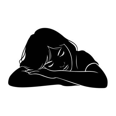 Kafası kollarında uyuyan siyah bir kadın silueti. Gözleri kapalı ve yüzü rahatlamış durumda. Görüntü basit, temiz bir illüstrasyondur. Özellikleri ve saçı tanımlayan beyaz çizgiler vardır..