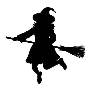 Siyah bir siluet, uçuşun ortasında süpürge sopasına binmiş bir cadıyı tasvir ediyor. Sivri uçlu bir şapka ve dalgalı bir elbise giyiyor. Saçları vahşi ve rüzgarlı görünüyor. Süpürgenin kalın bir kıl yumağı var. Şekil beyaz bir arkaplanda izole edilmiş şekerim.