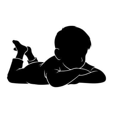 Kolları çapraz ve başı kollarının üzerinde uzanmış bir bebeğin siyah silueti. Bebek pantolon ve gömlek giyiyor. Arkaplan beyaz.