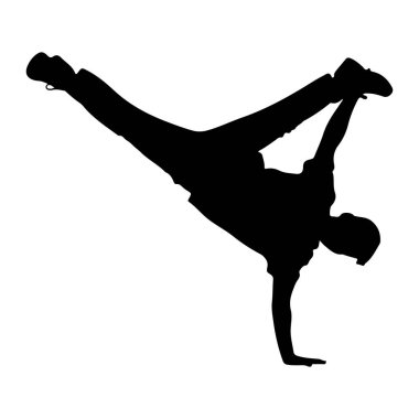 Dinamik bir break dans hareketi yapan siyah bir siluet. Şekil, bir bacağı yukarı doğru uzatılmış, diğer bacağı bükülmüş ve açısal ve atletik bir poz vermiş bir şekilde amuda kalkıyor. Siluet, düz beyaz bir sırtgeçitte izole edilmiş.