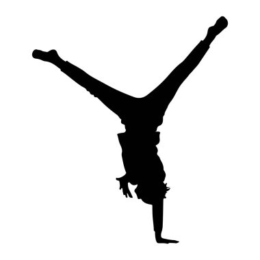 Beyaz bir arka plana karşı amuda kalkarken çekilmiş siyah bir siluet. Kişinin vücudu ters çevrilir, tek kolla desteklenir ve bacakları yukarı doğru V şeklinde açılır. Silüet dinamik duruşu ve atletizmi yakalıyor.