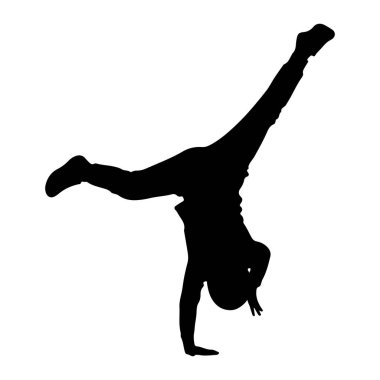 Bir kişinin siyah silueti, beyaz bir arkaplana karşı dinamik bir amuda kalkarak çekilir. Şekil bir elde dengelenmiş, bacakları yukarı ve dışarı doğru uzanmış, çeviklik ve güç göstermektedir. Siluet ana hatları vurguluyor. 