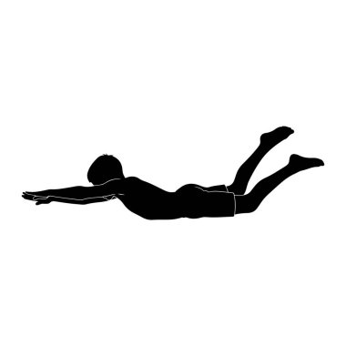 Bir kişinin siyah silueti dinamik bir yüzme pozuyla tasvir edilir. Şekil yatay, kollar önde ve bacaklar geriye doğru uzanıyor, bu da ileri doğru hareket olduğunu gösteriyor. Siluet beyaz bir arkaplanda izole edilmiş.