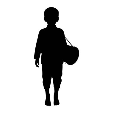 Sağ omzunda yuvarlak bir çanta taşıyan siyah bir çocuk silueti öne bakıyor. Oğlan tepeden tırnağa tasvir ediliyor, kolları yanda ve bacakları hafifçe açık. Arka plan bembeyaz, özellikle... 