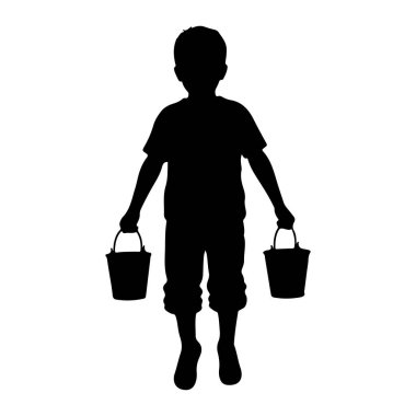 Siyah bir çocuk silueti her iki elinde bir kova tutarak öne doğru bakıyor. O bir tişört ve şort giyiyor. Arkaplan düz beyaz.