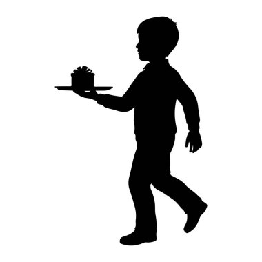 Tepside küçük bir hediye kutusunu tutarken yürüyen siyah bir çocuk silueti. Çocuk profil içinde tasvir ediliyor, sol kolu öne doğru uzatılmış, tepsiyi destekliyor. Hediye kutusunun üstünde kurdele ve fiyonk var. Siluet bir süre izole edilmiş.