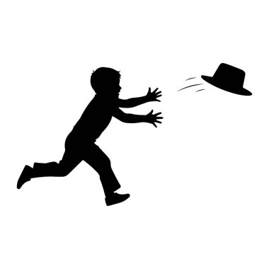 Siyah bir siluet kollarını açmış koşan genç bir çocuk, siyah bir şapkaya uzanıyor ve elinden uçup gidiyor. Şapkanın hareket çizgileri havadaki hareketini gösteriyor. Arkaplan düz beyaz.