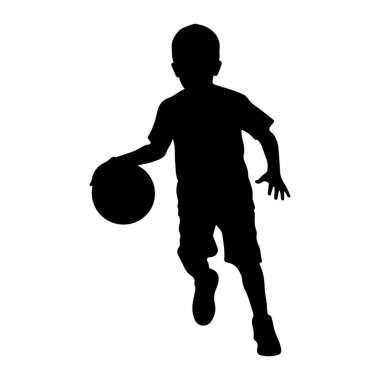Basketbol oynayan siyah bir çocuğun silueti. Oğlan şort ve tişört giyiyor ve topla koşarken hareketin ortasında yakalanıyor. Arkaplan düz beyaz.