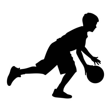 Basketbol oynayan siyah bir çocuğun silueti. O şort ve spor ayakkabıları giyiyor, vücudu sanki bir oyun sırasında hareket ediyormuş gibi açılı. Arka plan bembeyaz..
