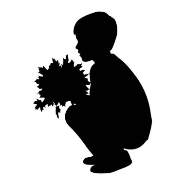 Çömelmiş ve elinde bir buket sonbahar yaprağı tutan siyah bir çocuk silueti. Çocuğun kafası yana doğru dönüyor ve yapraklar onun ellerinde kümeleniyor. Resim beyaz bir arkaplanda izole edilmiştir.
