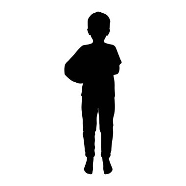 Beyaz bir arka planda duran siyah bir çocuk silueti. O bir tişört ve pantolon giyiyor, ve kolları önünde çapraz, bir top gibi görünen yuvarlak bir nesne tutuyor. Siluet basit ve temiz, ayırt edilemiyor.