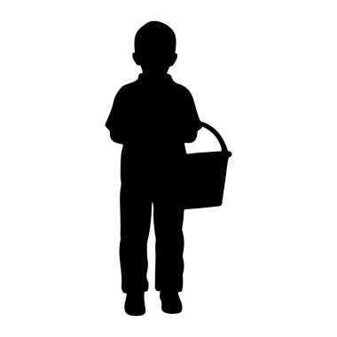 Sağ elinde sepeti tutan, ayakta duran siyah bir çocuk silueti. O bir gömlek ve pantolon giyiyor. Arkaplan beyaz.