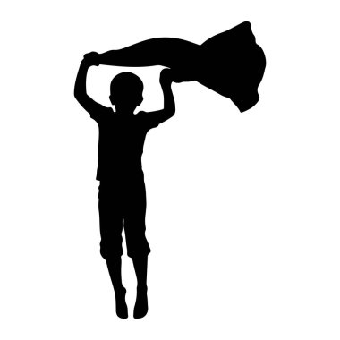 Siyah bir çocuk silueti kolları havada, kafasının üstünde akan bir kumaş parçası tutuyor. Kumaş dalgalanıyor ya da dalgalanıyor. Çocuk, beyaz bir arkaplana karşı basit ve grafik bir şekilde tasvir ediliyor..