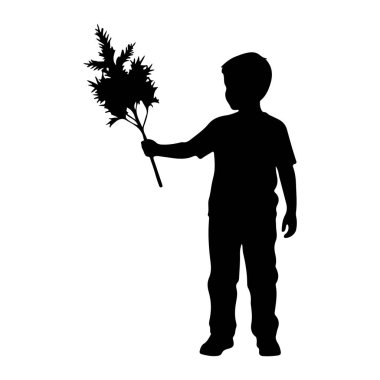 Genç bir çocuğun siyah silueti beyaz bir arka planda duruyor. Sağ elinde birden fazla yaprağı olan yeşil bir yaprak filizi tutuyor. Çocuk tişört ve pantolon giyiyor..