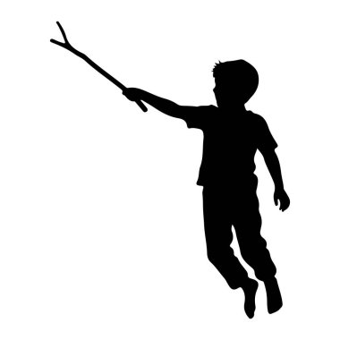 Genç bir çocuğun siyah silueti havada tasvir ediliyor, sağ kolu açık bir sopa tutuyor. Çocuk bir tişört ve pantolon giyiyor. Vücudu hareket ediyormuş gibi açılı, bir bacağı bükülmüş ve diğeri uzatılmış. Sopanın çatalı var. 