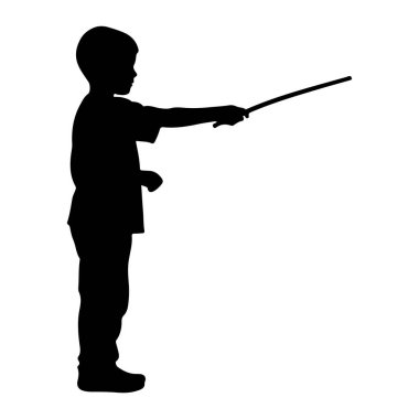 Elinde sopayla ayakta duran siyah bir çocuk silueti. Çocuk sağa bakıyor, sağ kolu çubuğu tutarak uzanıyor. O bir tişört, pantolon ve ayakkabı giyiyor. Arka plan bembeyaz..