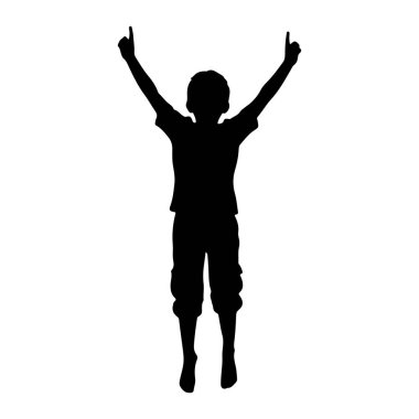 Genç bir çocuğun siyah bir silueti, iki kolu da başının üstünde ve işaret parmakları yukarı doğru yükselirken orta atlamada yakalanır. O bir tişört ve şort giyiyor. Şekil, düz beyaz bir arkaplan üzerinde izole edilmiştir.
