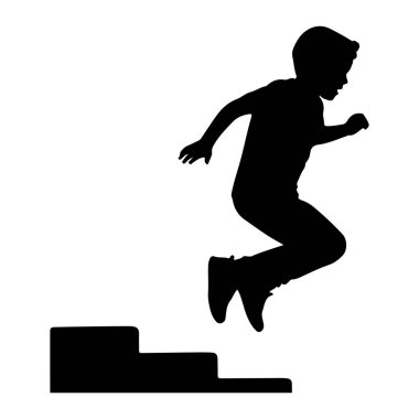 Genç bir çocuğun siyah silueti, bir dizi karanlık basamağa tırmanırken orta sıçrayışta yakalandı. Çocuğun bedeni yukarı ve öne doğru açılı, kolları açık ve bacakları bükük, enerjik bir hareket hissi veriyor. Arkaplan sade beyaz, Isoa.